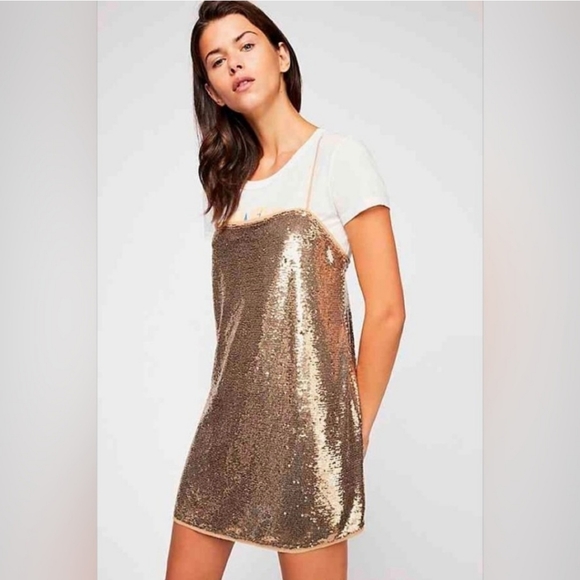 NWT FREE PEOPLE Gold Shimmer Sequins Mini Dress - Picture 3 of 11